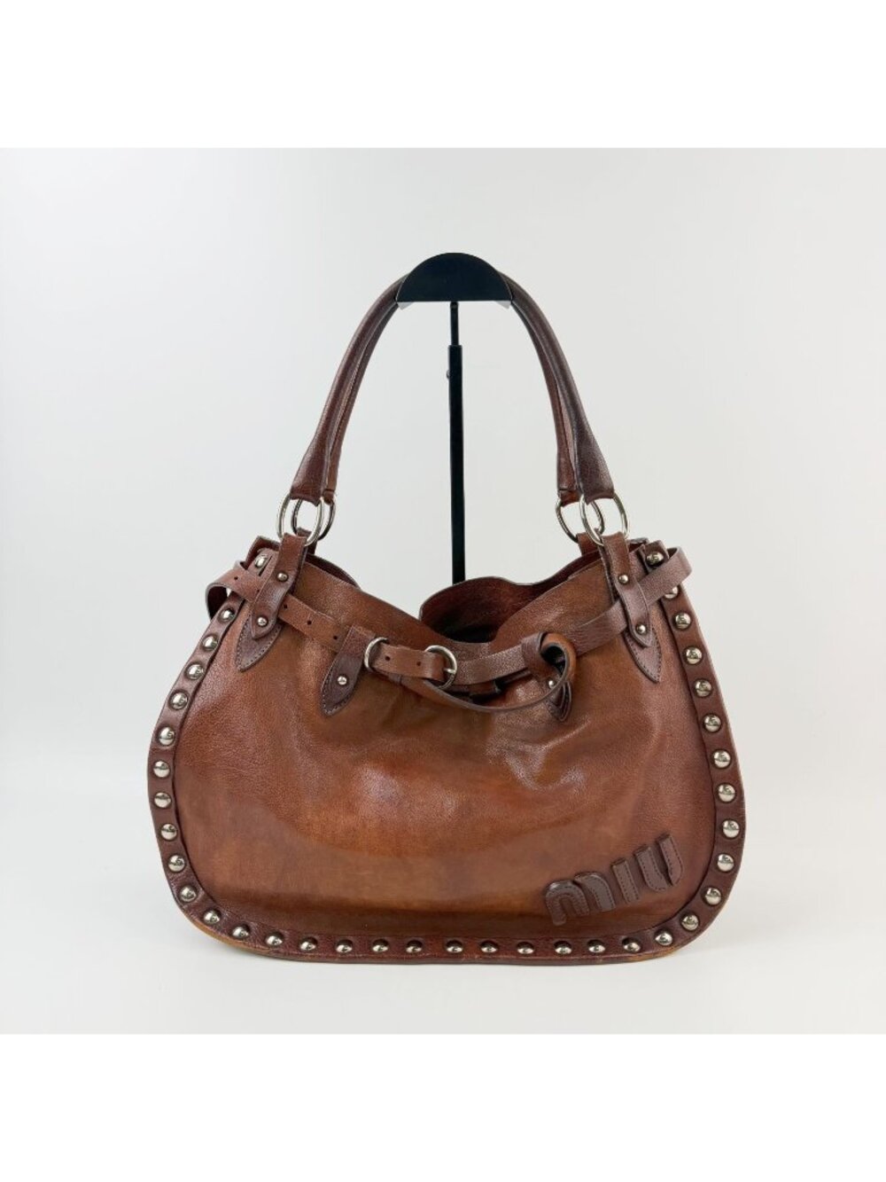 Miu Miu Studs Logo Shoulder Bag Leather Brown Silver Vintage